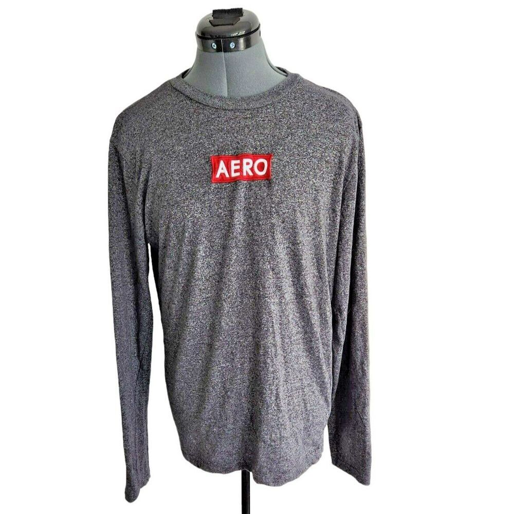 Aeropostale Mens M Gray Heathered Long Sleeve T-Shirt Red Box Logo AERO Tee